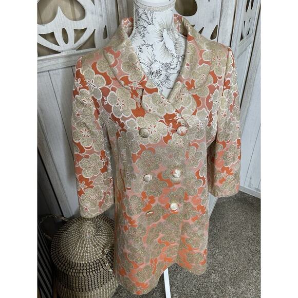 Banana Republic Silk Floral Trench Coat Button Coral Pink Metallic Sz Large - Picture 5 of 13